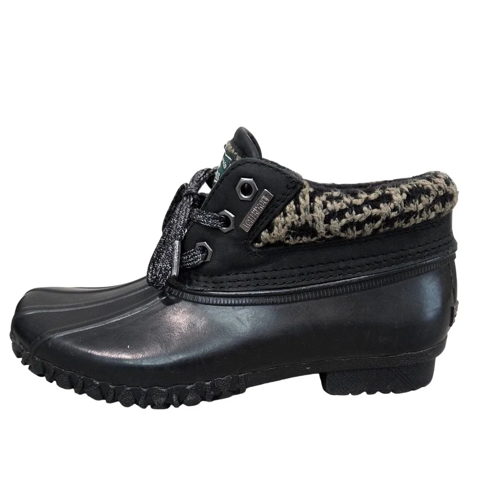 G.H. Bass Men 6M Youth 6Y Black Waterproof Duck Boots Leather Ankle Houndstooth